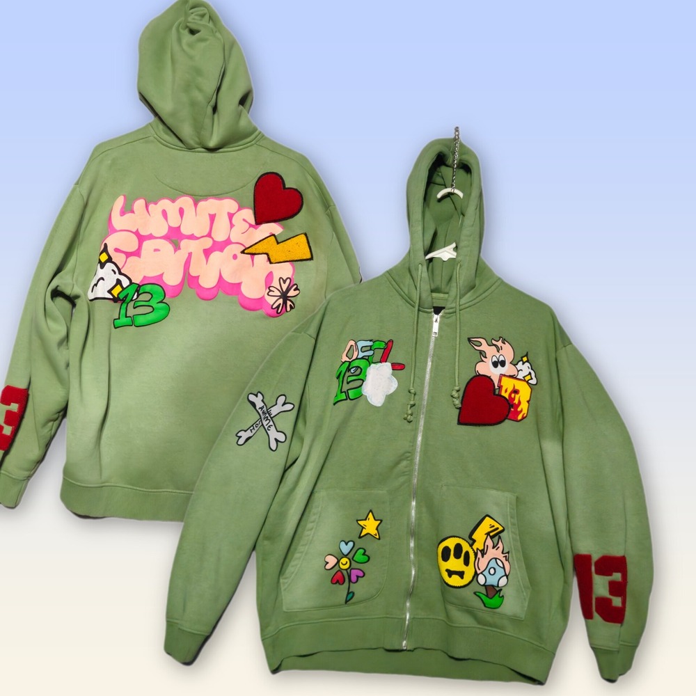 boohooMAN Zip Up Hoodie Mens Large Green Multi Patch Graffiti Limited Edition